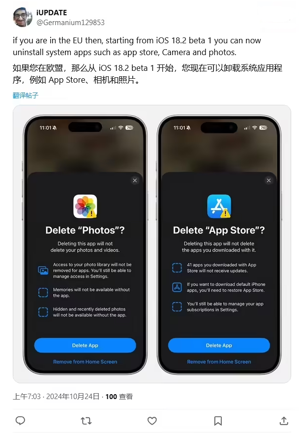 贵溪苹果手机维修分享iOS 18.2 支持删除 App Store 应用商店 